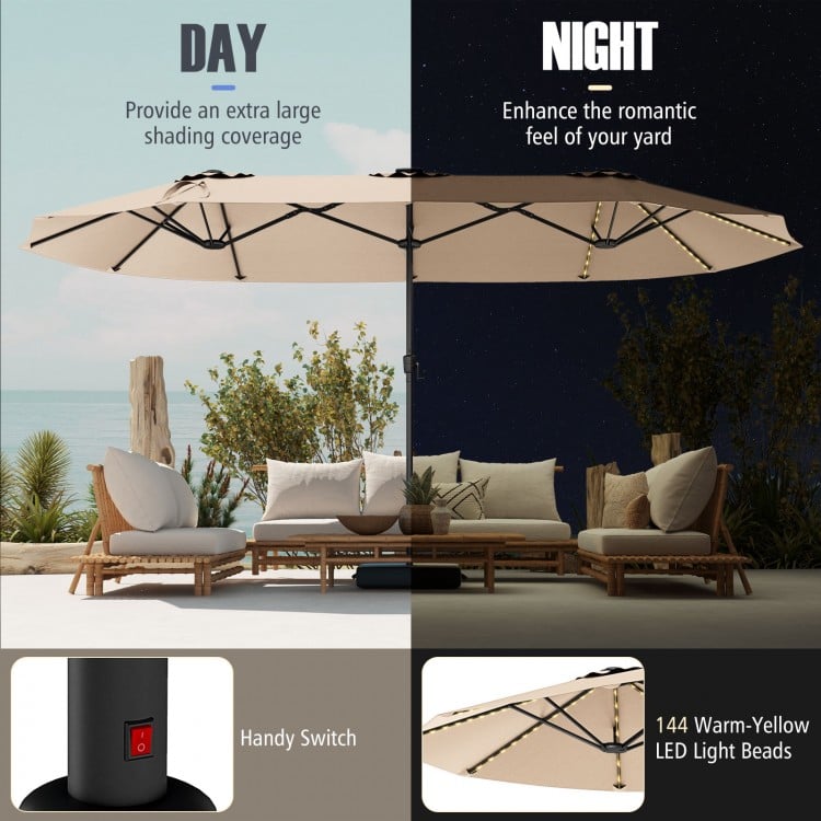 15.5 FT Extra-Large Patio Umbrella with LED Solar Lights and Crank Handle-Beige