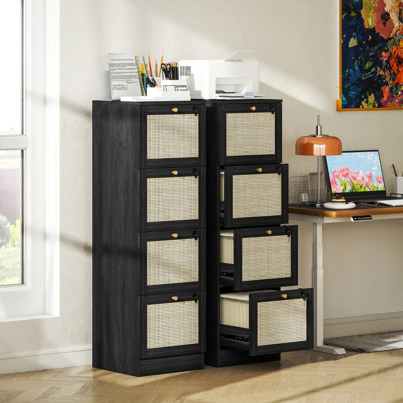 4 Drawer Filing Cabinet with Lock, Boho File Cabinet for A4 Letter Size Files with Decorative Rattan Accents, Black