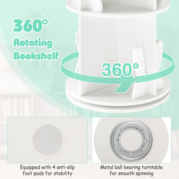 2 Tier Freestanding Kids Rotating Bookshelf Storage Rack with Bunny Baffles-White