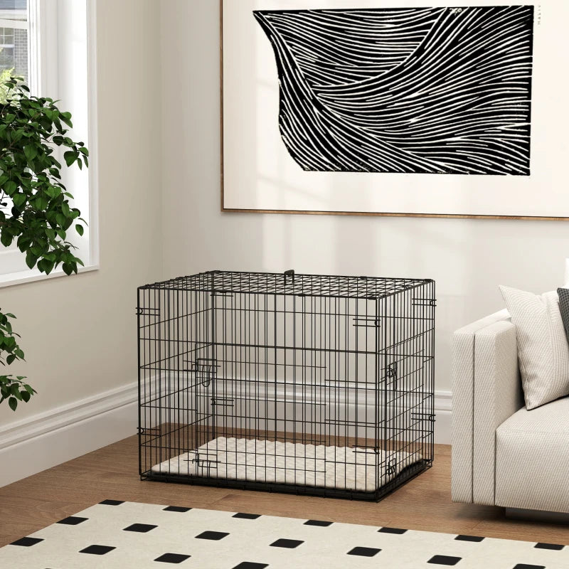 30" Dog Crate with 2 Doors, Folding Metal Dog Cage with Soft Cushion, Removable Tray, Handle, for Small Dogs, Black