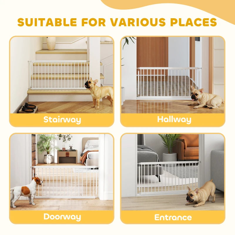 26"-37" Dog Gate, Adjustable Pet Gate, Fits 18" Tall with 2 Extension, Pressure Mount Kit for Stairs and Doorways, White