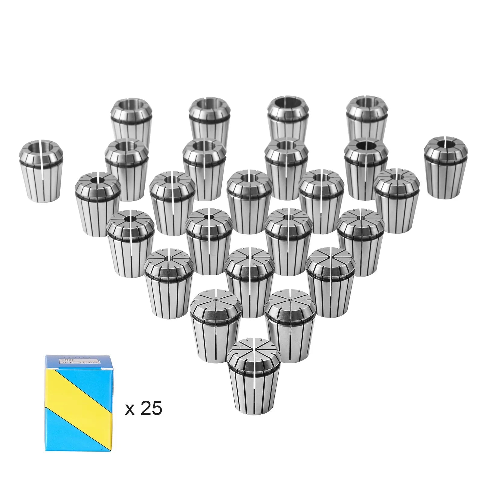 VEVOR 25 pcs ER32 Collet Set, 1/16''-13/16'', ER32 Spring Collet Chuck Set, 0.0006"/15 µm TIR Lathe Chuck Tool with 25 Labeled Storage Boxes, for CNC Engraving Machine Milling Lathe Tool Drill Press