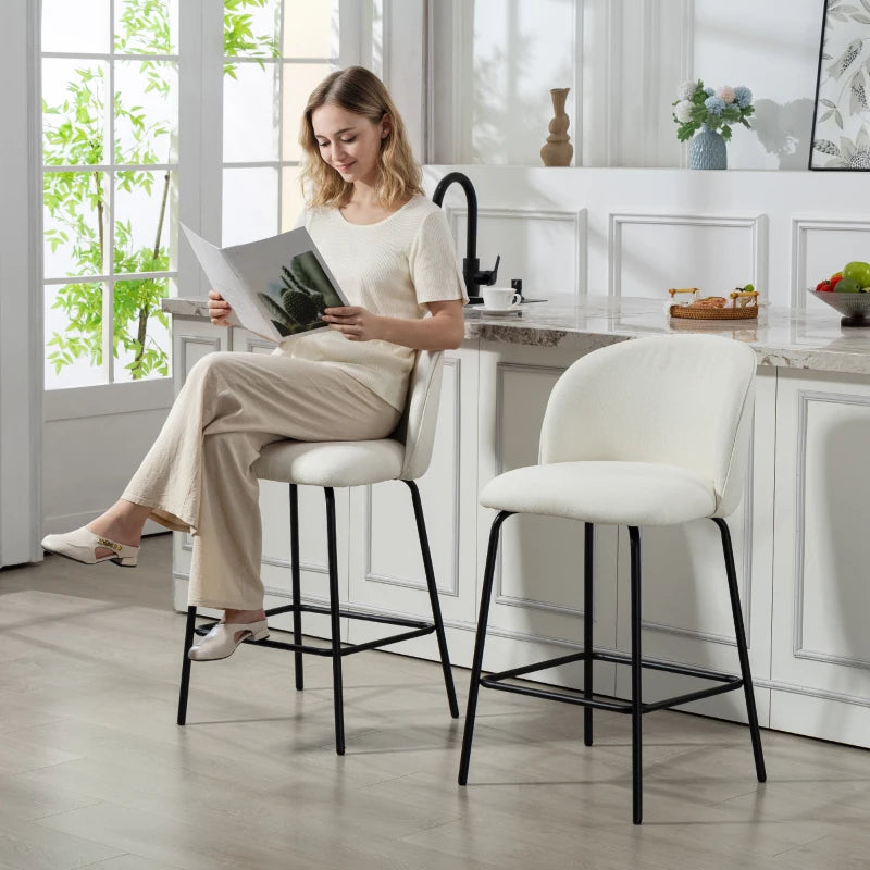 Set of 2 Counter Height Barstools, Upholstered Linen Bar Stools with Backrest, Footrest and Steel Legs, Cream White