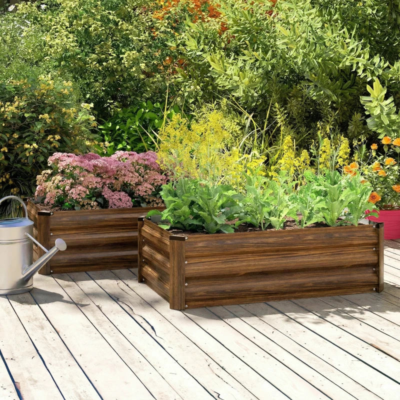 Set of 2 Galvanized Raised Beds for Garden, Outdoor Planter Box for Flowers, Herbs and Vegetables, Dark Brown