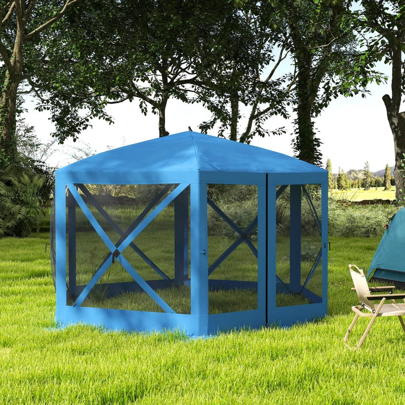 12' x 12' Hexagon Automatic Pop Up Screen Tents, Camping Shelter w/ Mesh Sidewalls and Carry Bag Blue