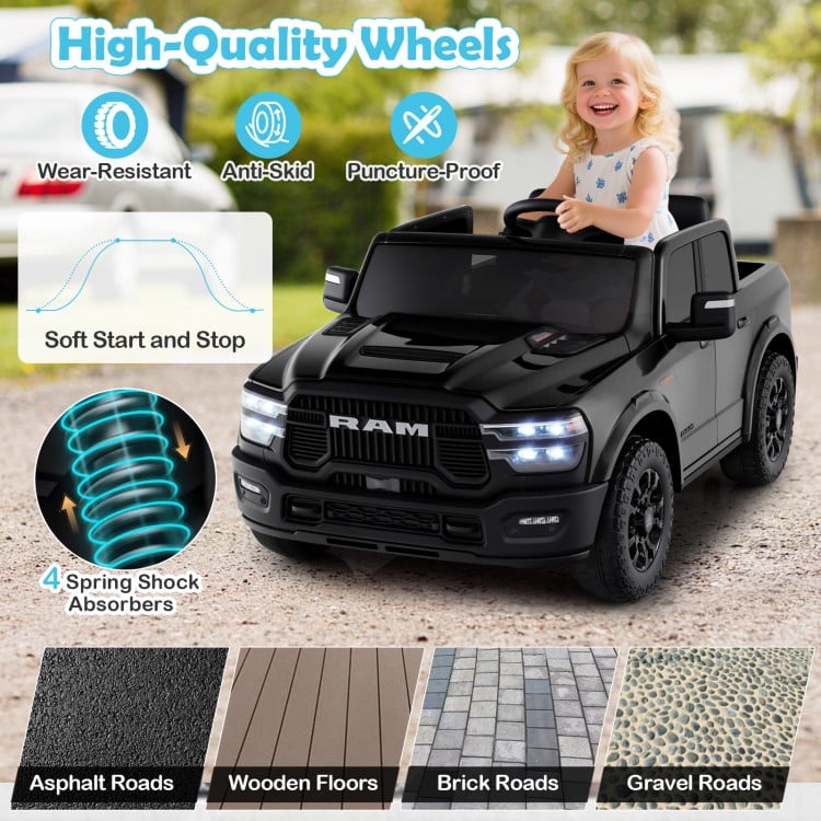 2 Seater 24V Ride on Toy for Big Kids Licensed Ram Truck with Remote and Music-Black