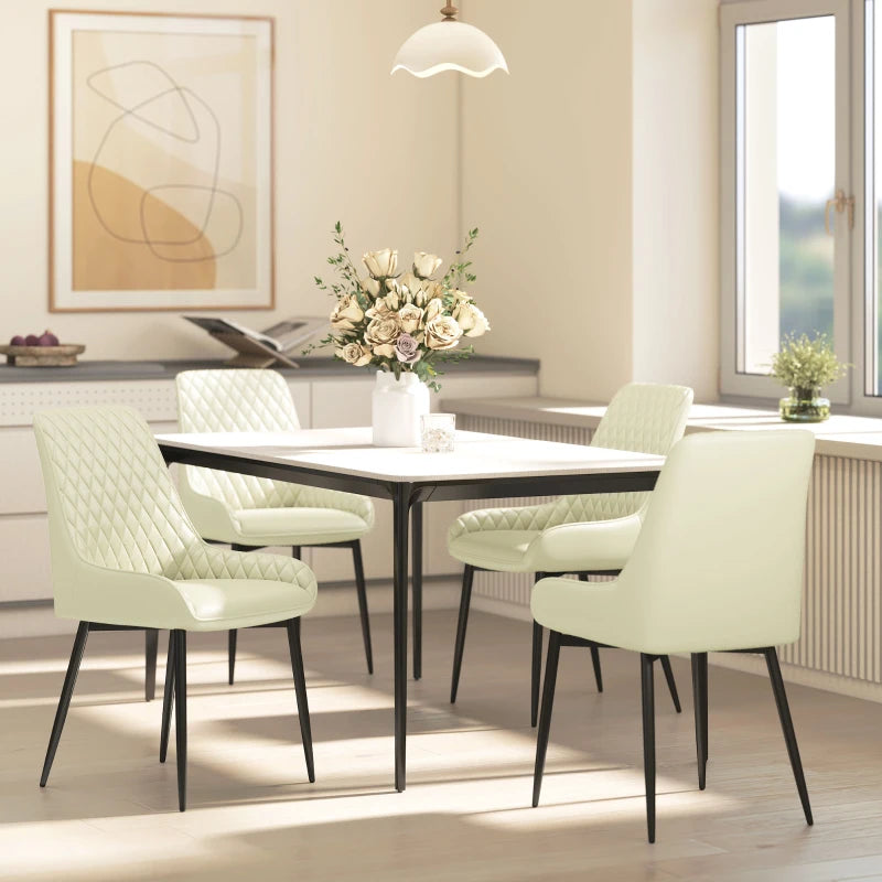 Set of 4 Upholstered Kitchen Chairs, Modern Dining Chairs with Diamond Tufting and Steel Legs for Dining Room, Cream White