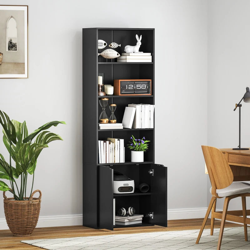 4-Tier Open Bookshelf with Doors Modern Home Office Bookcase Storage Cabinet for Living Room Bathroom Study, Black