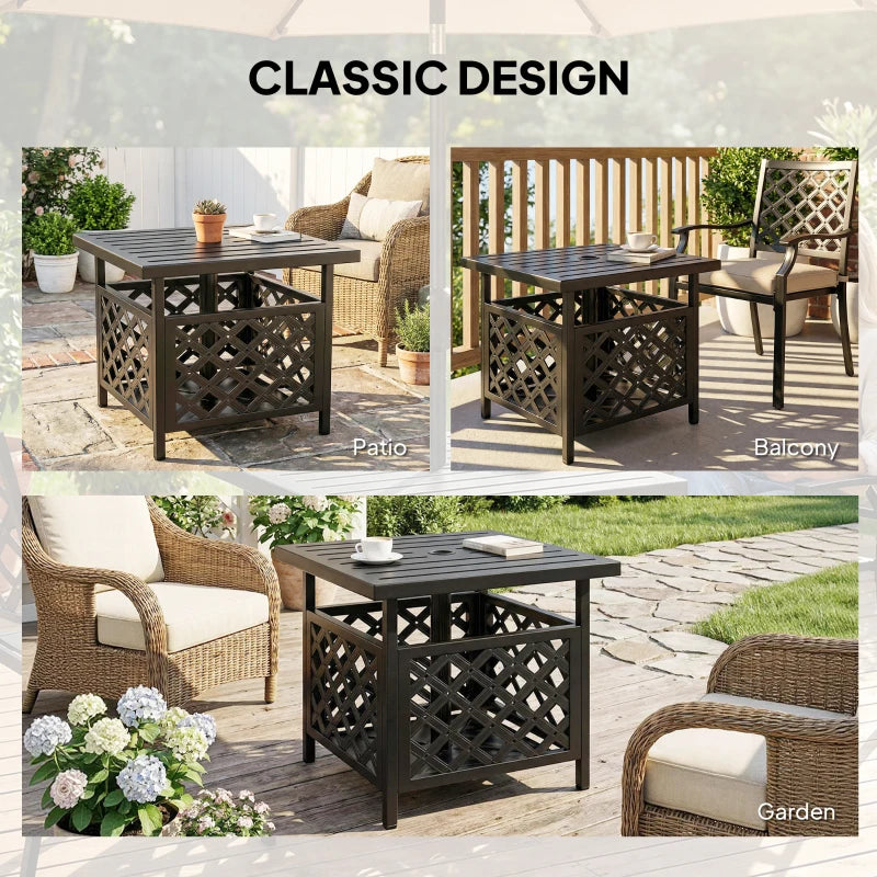 22" Outdoor Coffee Table, Patio Side Table with Umbrella Hole Slatted, Metal Top, for Garden, Backyard, Poolside, Black