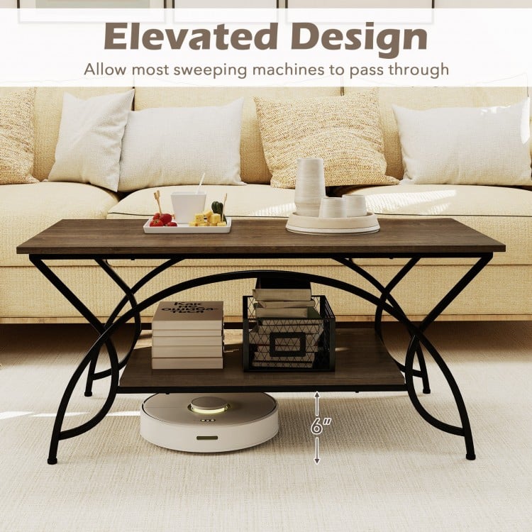 2-Tier Faux Marble Coffee Table with Marble Top and Metal Frame-Oak