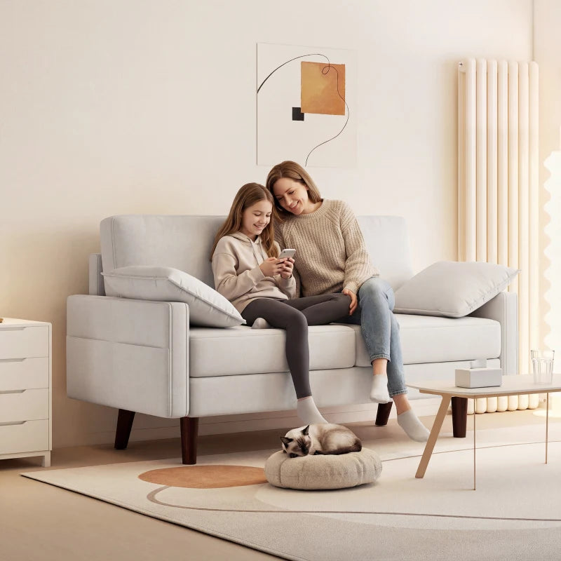 3 Seater Sofa, Velvet Upholstered Couch with Spring Cushions, Rubber Wood Legs and 2 Pillows, Cream White