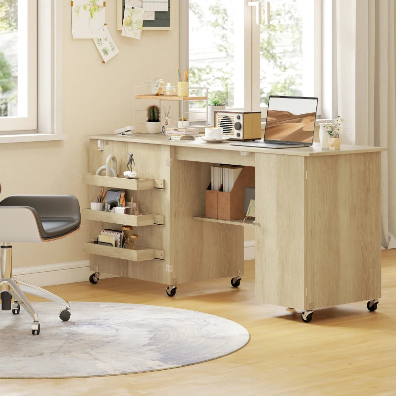 Sewing Machine Table with Drop Leaf, Folding Craft Table with 2 Doors and Adjustable Shelf for Small Spaces, Natural