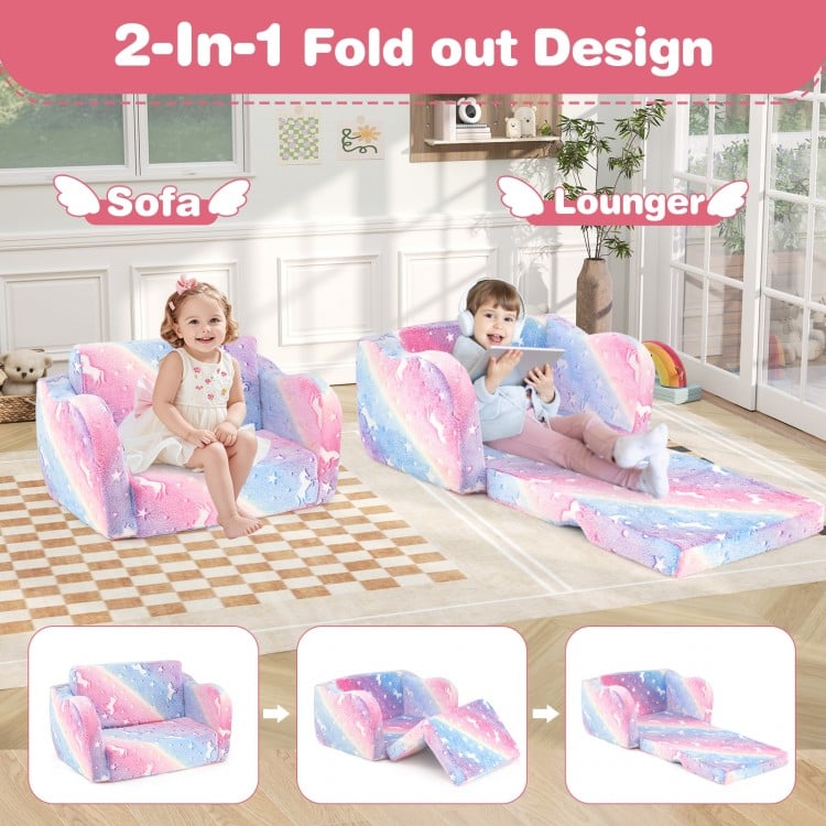 2-in-1 Folding Kids Couch with Blanket Glow in the Dark-Multicolor