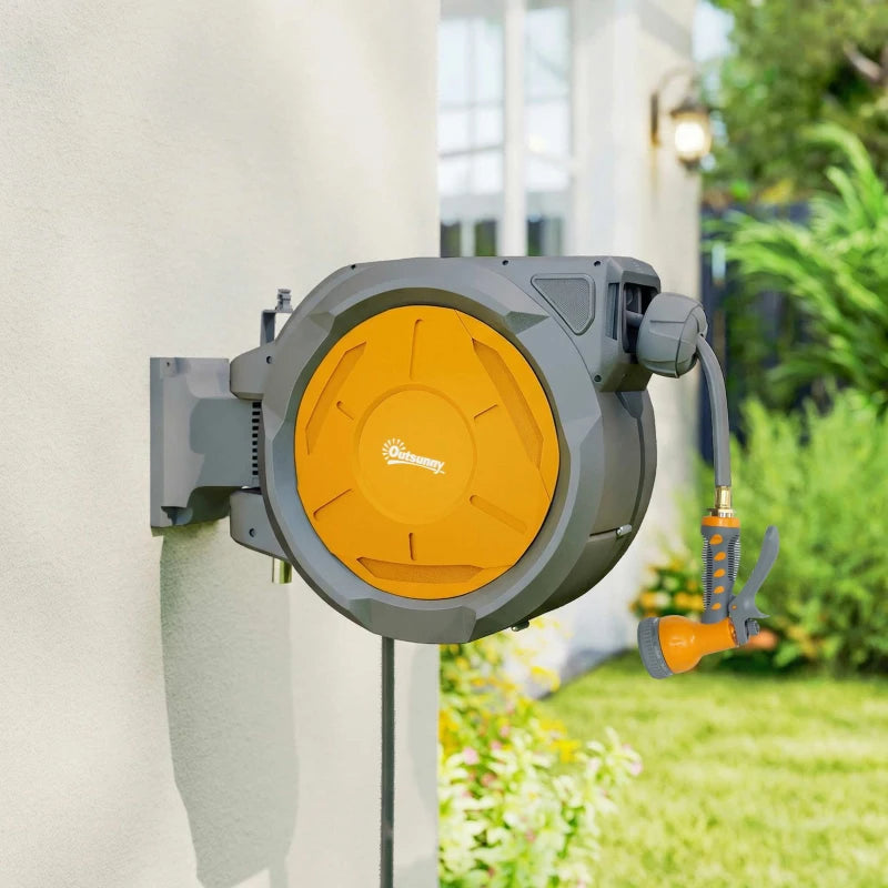 1/2 in x 100ft Wall Mounted Garden Hose Reel, Retractable Water Hose Reel with Auto Rewind, Any Length Lock, Orange