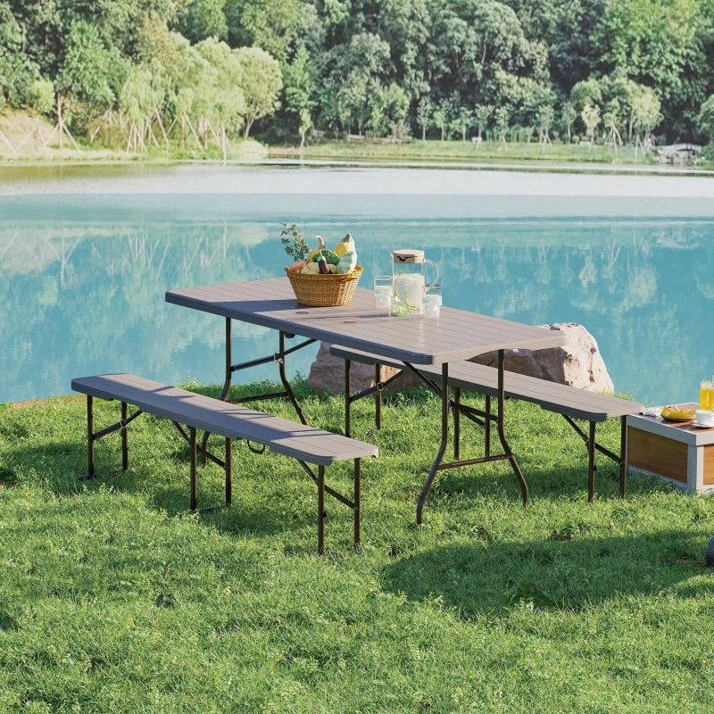 6FT 3PCS Faux Rattan Outdoor Camping Table Bench Set with Carrying Handles, Folding Picnic Table with 2 Benches, Brown
