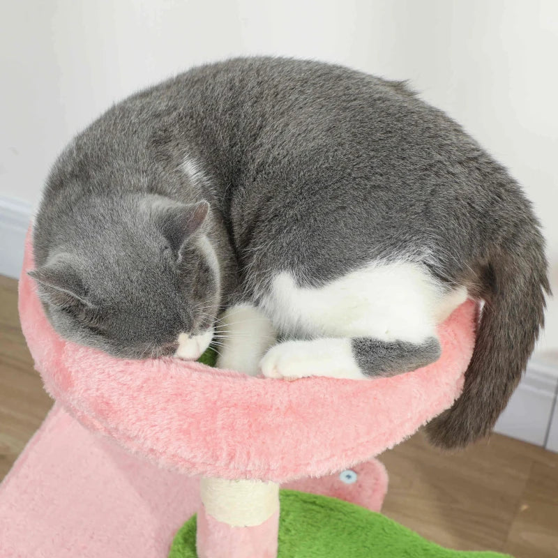 28" Cat Tree Tower with Plush Top Bed, Cozy Condo, Sisal Scratching Post, Perch, Dangling Ball, Pink & Green