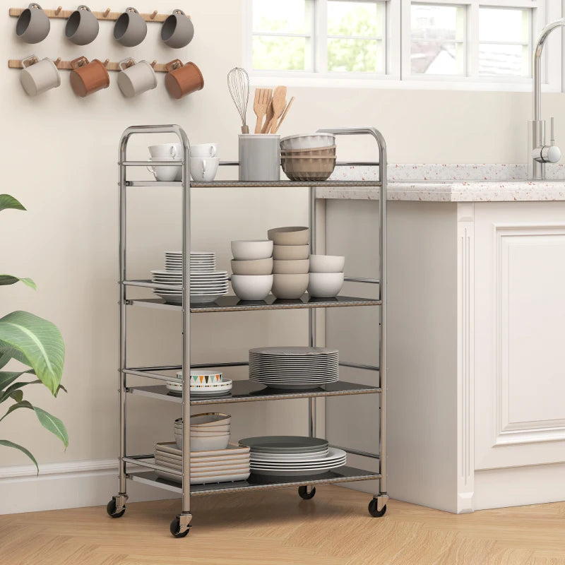 4 Tier Stainless Steel Rolling Cart with Adjustable Shelves, Utility Cart on Wheels with Handles for Kitchen, Silver
