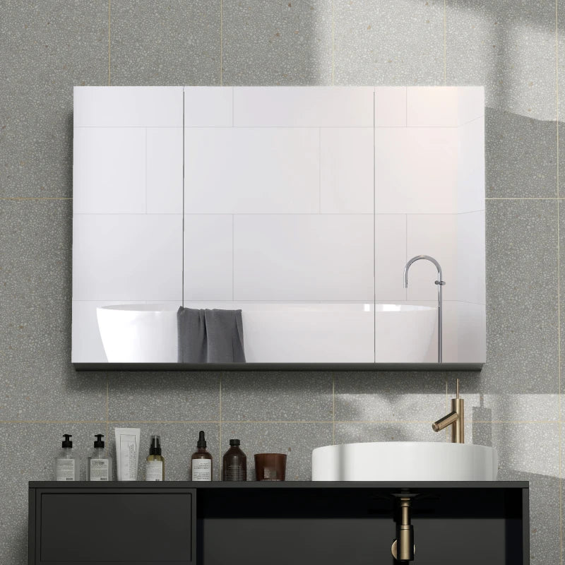 35" x 24" Wall Mounted Mirror Cabinet, Bathroom Medicine Cabinet with Mirror, 3 Doors and Adjustable Shelves, Grey