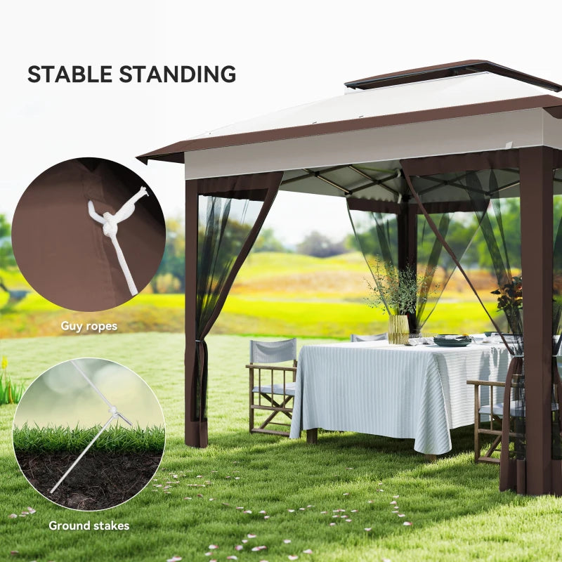 12' x 12' Pop Up Canopy Sun Shade Instant Tent Folding with Mesh Sidewalls, Beige and Dark Brown
