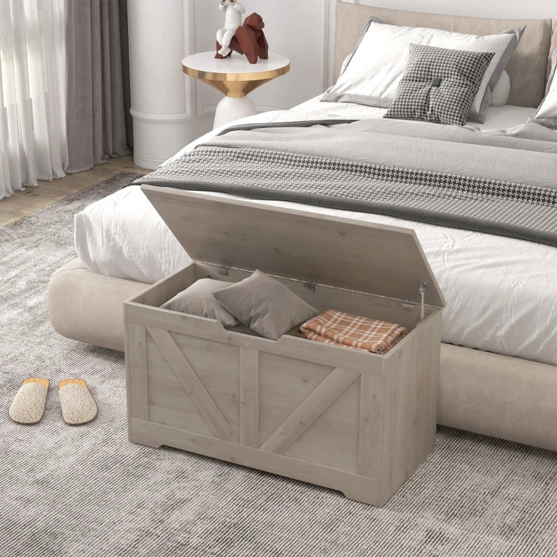 31.5 Inches Storage Chest, Storage Trunk with 2 Safety Hinges for Living Room, Grey Wood Grain