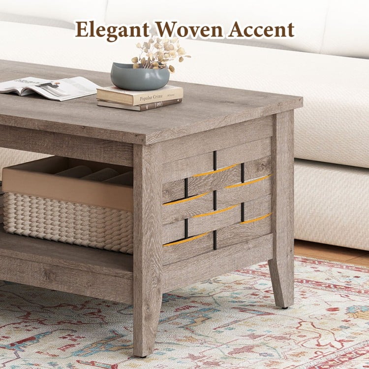 2-Tier Farmhouse Coffee Table with Open Shelf and Woven Decorations for Living Room-Oak