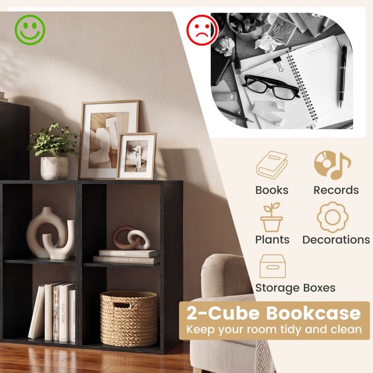 2 Cube Bookshelf with Back Guardrail for Living Room Bedroom-Black