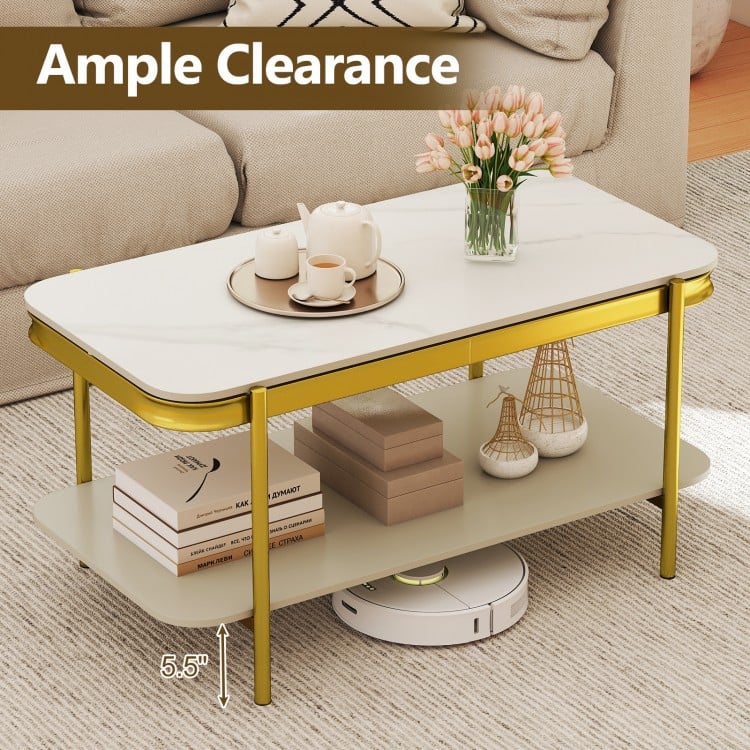 2-Tier Modern Rectangular Coffee Table with Sintered Stone Top-White