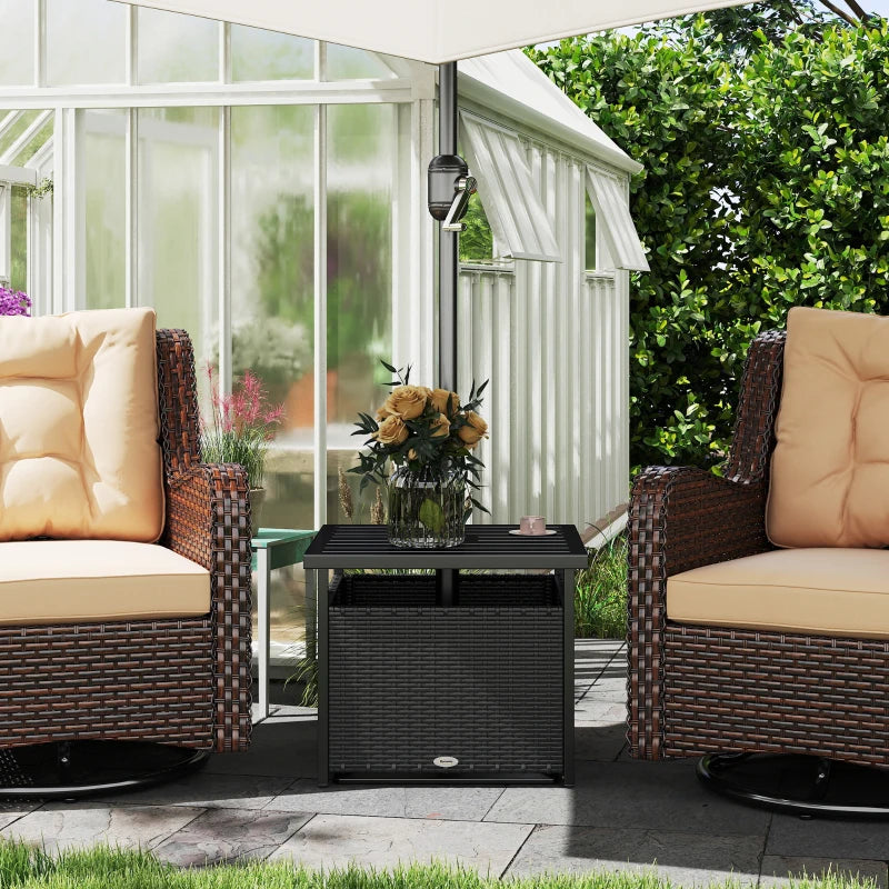 21.75" Outdoor Rattan Wicker Patio Coffee Table with Umbrella Hole, Patio Side Table with Slatted Metal Top, Black