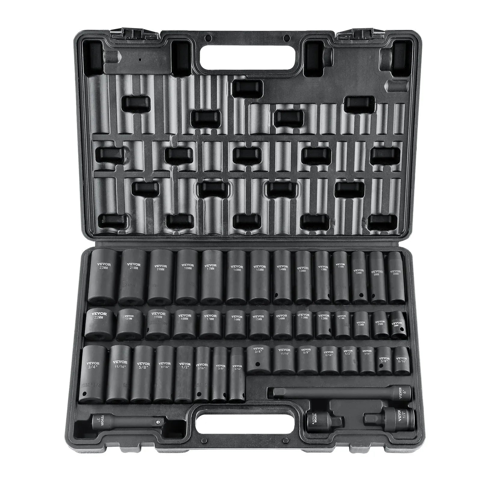VEVOR 3/8" Drive Impact Socket Set, 48 Piece Socket Set SAE 5/16" -3/4" and Metric 8-22mm, 6 Point Cr-V Alloy Steel for Auto Repair, Easy-to-Read Markings, Rugged Construction, Includes Storage Case