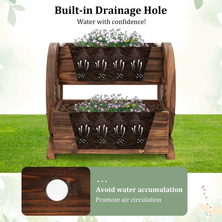 2-Tier Raised Garden Bed Rustic Wood Wagon Shape with Drainage Holes and Wheels-Coffee
