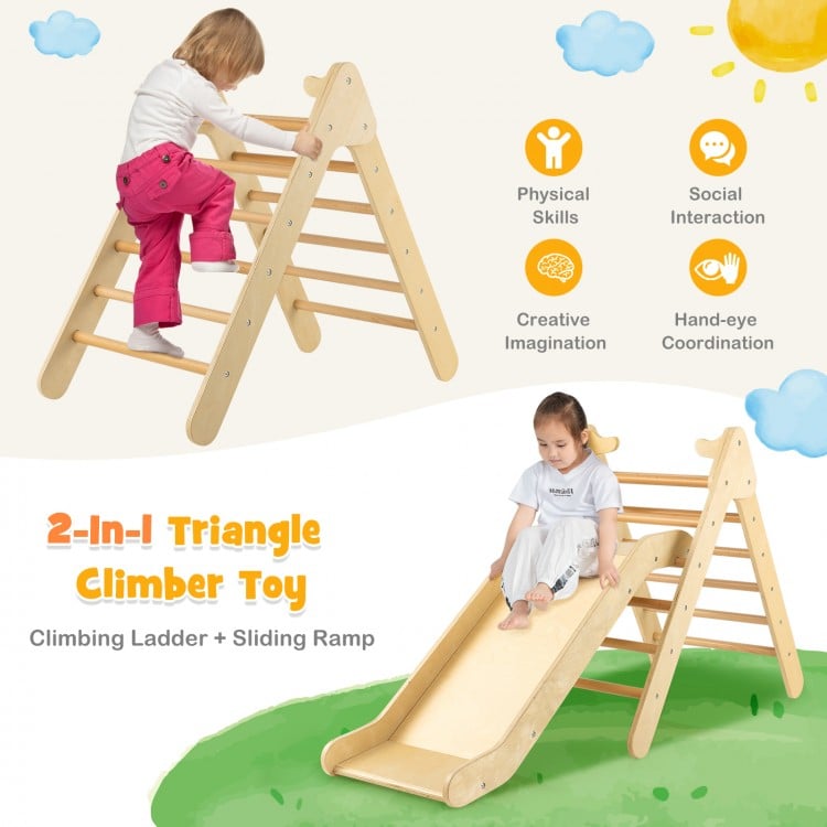 2-in-1 Wooden Triangle Climber Set with Gradient Adjustable Slide-Natural