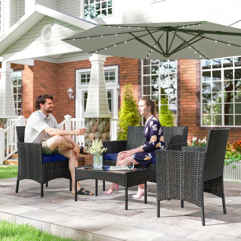 4 Pieces Wicker Outdoor Balcony Furniture Set Rattan Patio Furniture Set with Loveseat Chairs Glass Coffee Table Navy Blue