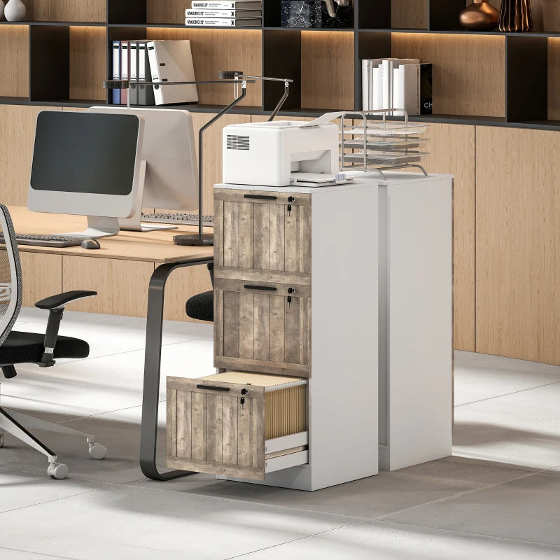 3 Drawer Filing Cabinet, Farmhouse File Cabinet with Lock, Adjustable Hanging Rails for A4 Letter Size Files, White