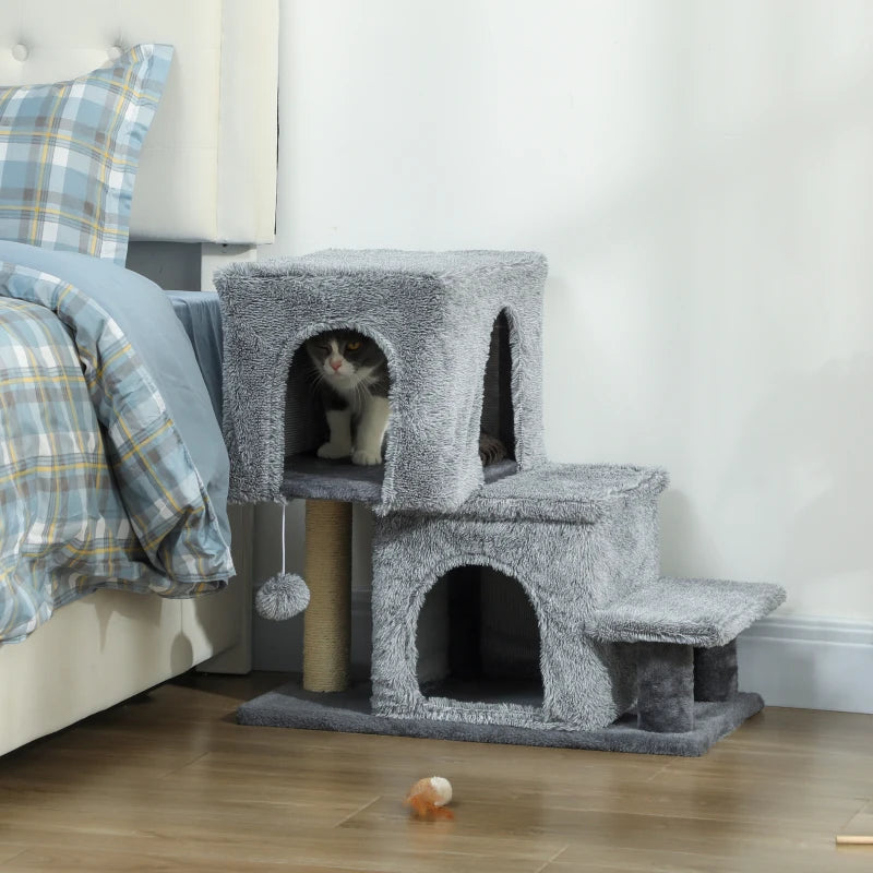 4-Step Pet Stairs, Adjustable Height Cat Stairs with Scratching Posts Cat Condo, Hanging Ball for High Bed, Grey
