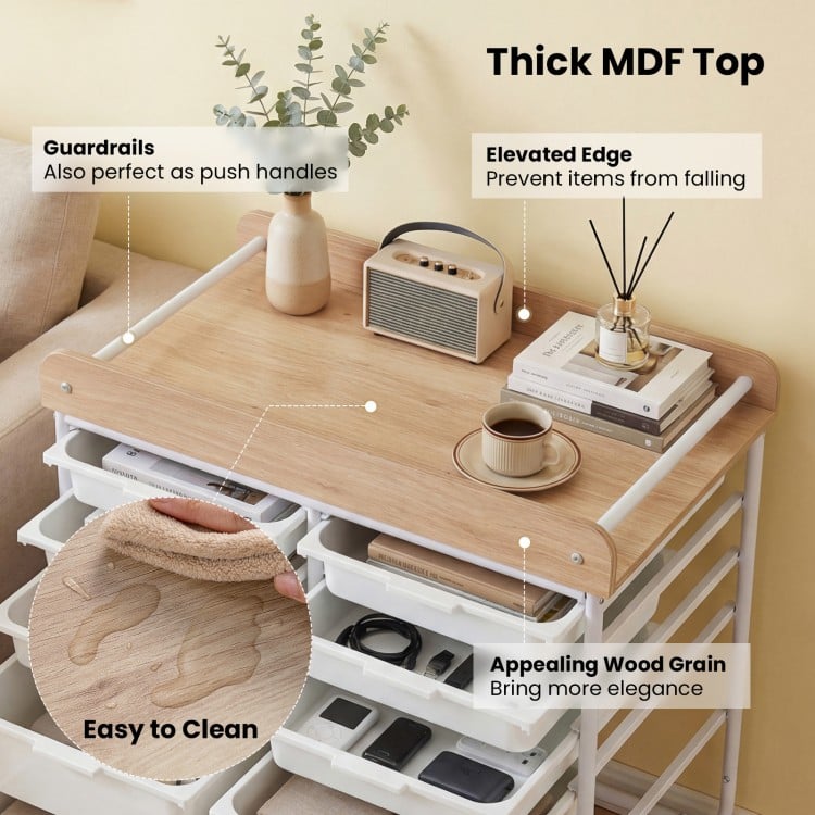 10-Drawer Rolling Cart with Wooden Tabletop and Lockable Wheels for Office-White