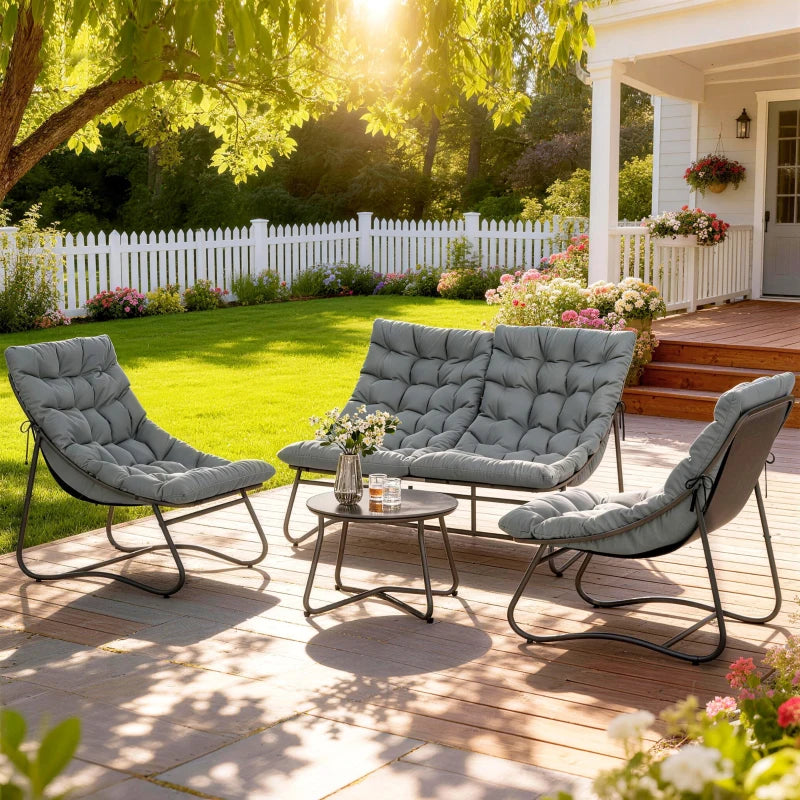 4 Piece Patio Furniture Set, Outdoor Furniture Conversation Set with Loveseat, Chairs Round Metal Table, Cushions, Grey