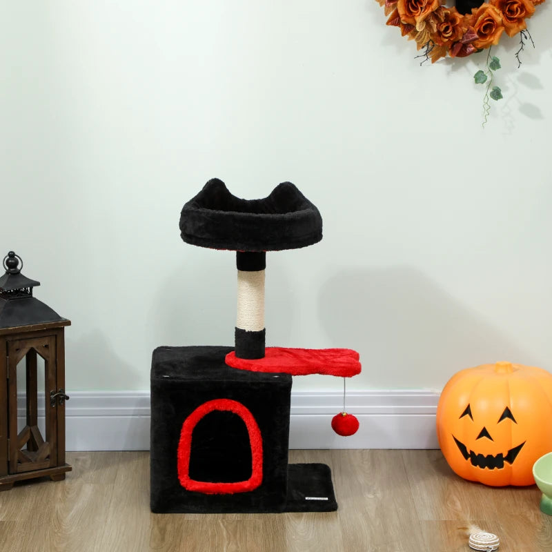 28" Gothic Cat Tree Tower with Plush Top Bed, Cozy Condo, Sisal Scratching Post, Perch, Dangling Ball, Red & Black