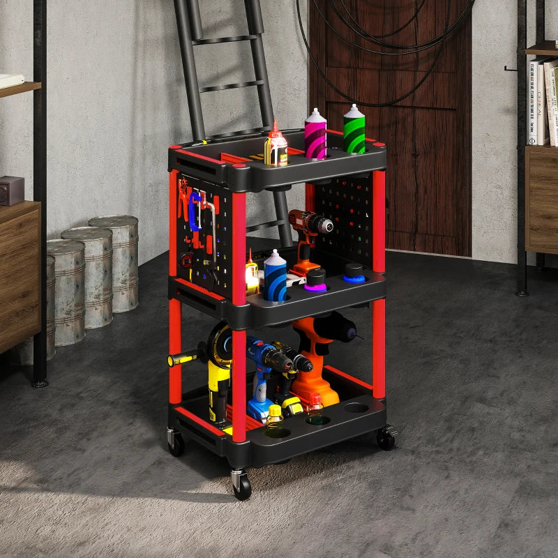 3-Tier Rolling Tool Cart with Wheels, 200 LBS Capacity Plastic Utility Cart for Garage, Warehouse, Workshop, Black & Red