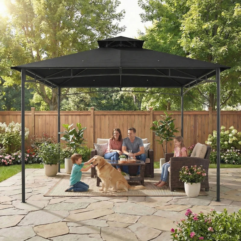 10' x 10' Gazebo, Soft Top Outdoor Gazebo with 2-Tier Roof, Metal Frame, Black