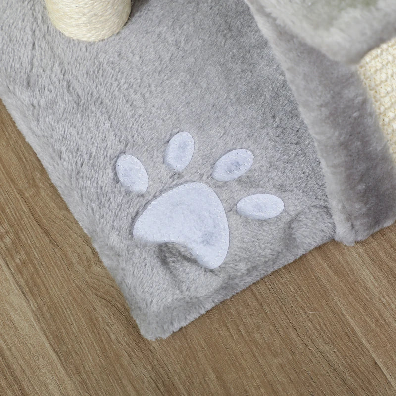 17" Small Cat Tree with Scratching Post, Cat Tower with Rotatable Top Pole, Platform, 2 Dangling Balls, Light Grey