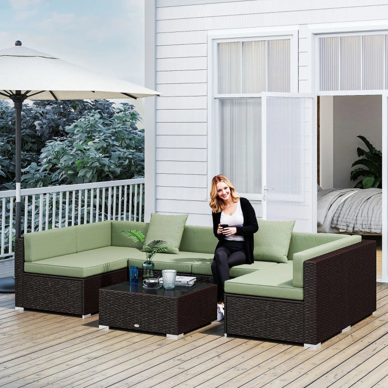 7 Pieces Outdoor Rattan Furniture Set, Patio Wicker Sectional Conversation Sofa Set, Light Green