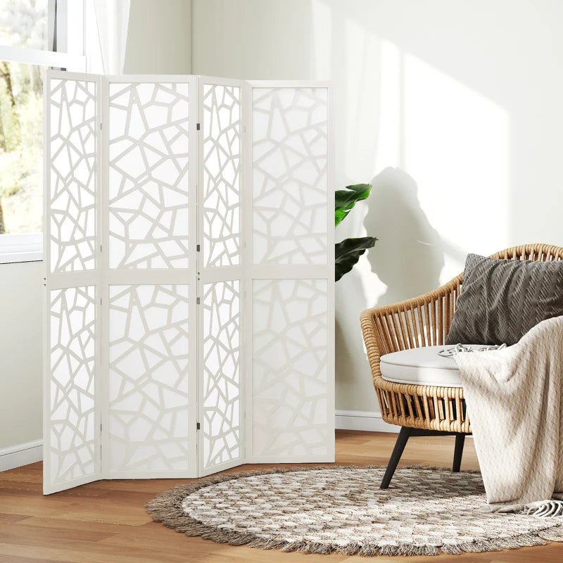 4 Panel Room Divider, 5.6 FT Lightweight Folding Privacy Screen with Geometric Pattern for Living Room, Bedroom, White