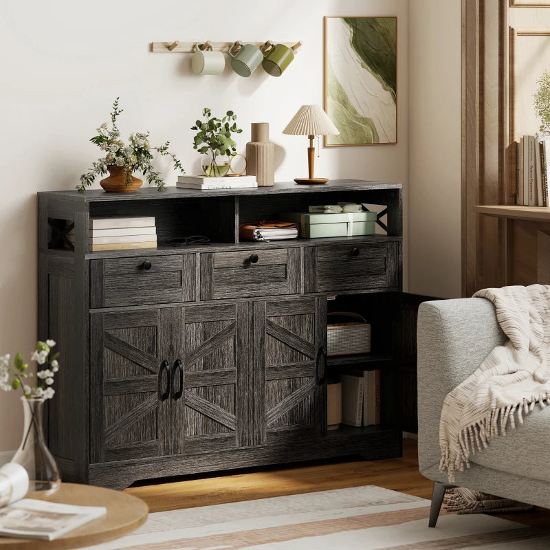 Sideboard, Buffet Cabinet with 4 Barn Doors and 3 Drawers, Coffee Bar Cabinet with Adjustable Shelves, Dark Brown