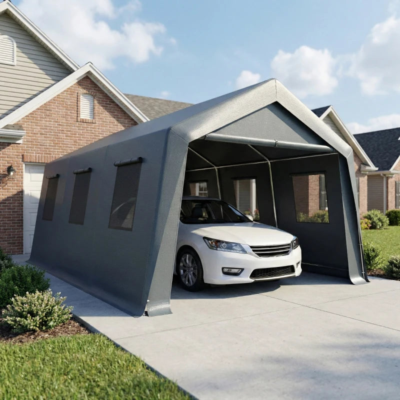 20 x 13 ft Carport, Portable Garage with Roll-Up Door and Windows, PE Canopy, Steel Frame, Dark Grey