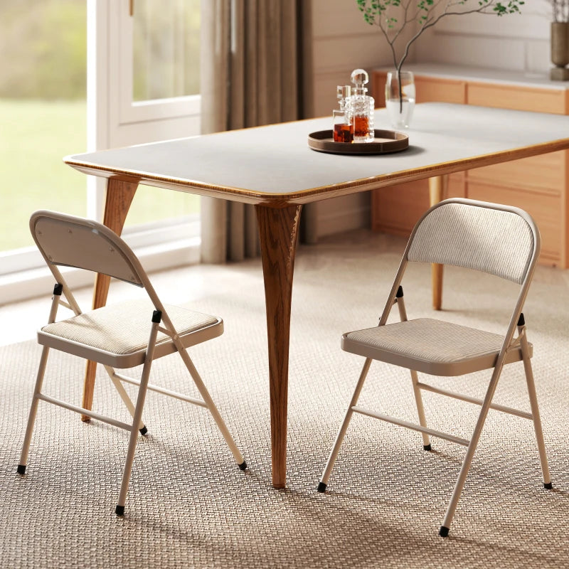 Set of 2 Metal Foldable Chairs, Linen Fabric Padded Folding Chairs with Cushion Seat and Open Back for Indoor, Beige