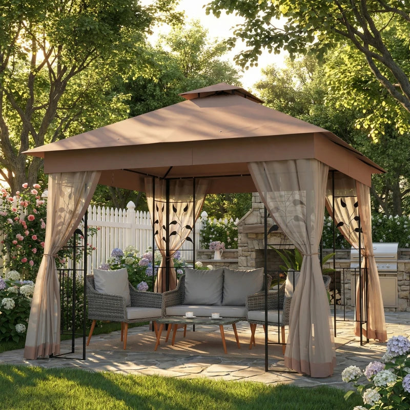10'x10' Soft-top Steel Patio Gazebo Outdoor Sun Shelter with 2-Tier Polyester Roof, Curtain Sidewalls, Dark Brown
