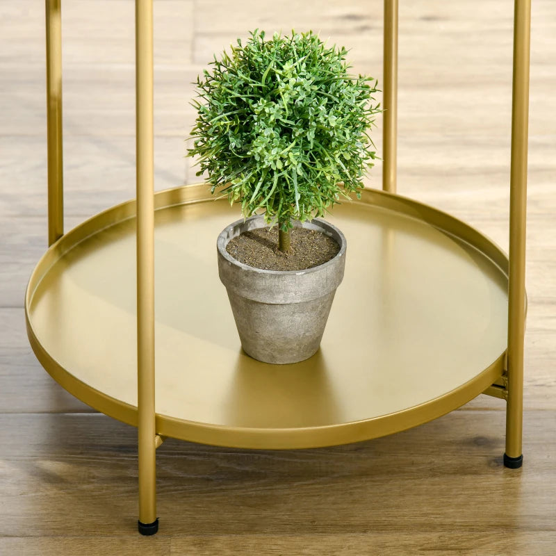 2-Tier Gold Side Table, Round Nightstand with Removable Trays Folding Metal Frame Adjustable Foot End Table for Living Room Bedroom