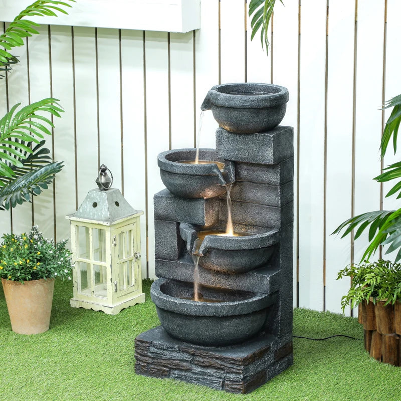 30" Tall Outdoor Water Fountain with LED Lights, 4-Tier Resin Cascading Bowls Garden Fountain Waterfall Fountain with Pump, Grey