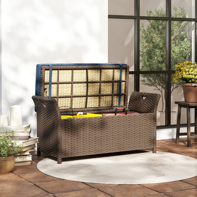 2-In-1 Outdoor Storage Bench, 29 Gallon Wicker Deck Box with Handles and Cushion, Navy Blue