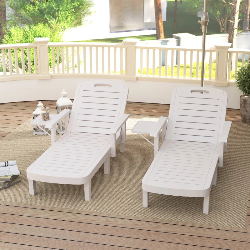 Set of 2 Tanning Chair, 5 Positions Adjustable Outdoor Lounge Chairs with Foldable Side Table, White